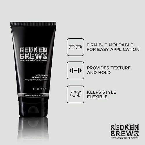 Redken Hair Gel, Molding Paste, Hair Paste for Men, Strong Hold, Maximum Control, Long-lasting Natural Finish, Keeps Style Flexible, Brews, 5 fl.oz./150ml