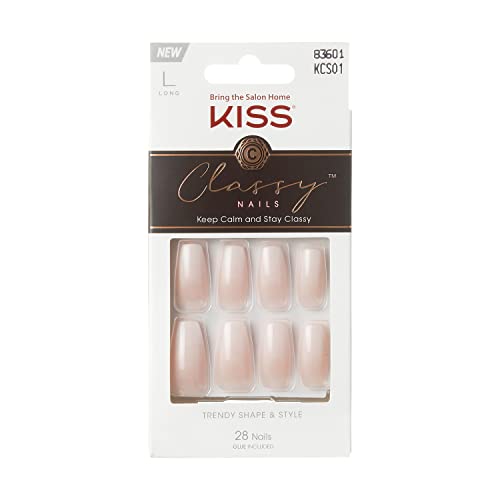 KISS Classy French Nail Manicure Kit with Gel Finish, Medium, Coffin Shaped, Includes Pink Nail Glue (Net Wt. 2 g / 0.07oz.), Mini Nail File, Manicure Stick, and 28 Fake Nails, 'Cozy Meets Cute', 28 Count