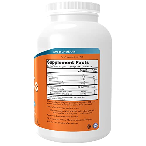 NOW Supplements, Omega-3 180 EPA / 120 DHA, Molecularly Distilled, Cardiovascular Support*, 500 Softgels