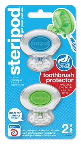 Steripod Clip-On Toothbrush Protector, Keeps Toothbrush Fresh and Clean, Fits Most Manual and Electric Toothbrushes, Blue, Green, Red, Orange, 4 Count