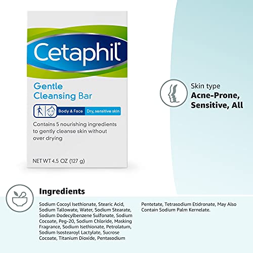 CETAPHIL Gentle Cleansing Bar, 4.5 oz Bar (Pack of 6), Nourishing Cleansing Bar For Dry, Sensitive Skin, Non-Comedogenic, (Packaging May Vary)