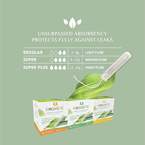 Organyc 100% Certified Organic Cotton Tampons, Plant-Based Eco-Applicator, Regular Flow, 16 Count (Pack of 6)