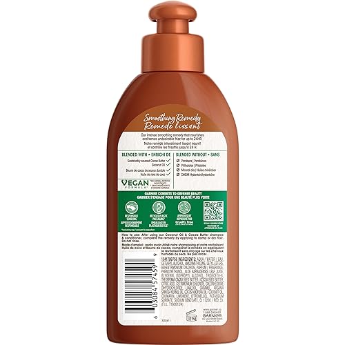 Garnier Whole Blends Coconut Oil & Cocoa Butter Smoothing Leave in Conditioner for Frizzy Hair, 5.1 Fl Oz, 1 Count (Packaging May Vary)