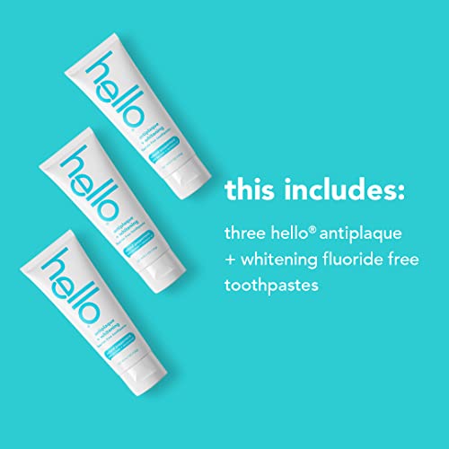 Hello Antiplaque Whitening Toothpaste, Fluoride Free Toothpaste for Teeth Whitening with Natural Peppermint Flavor and Tea Tree Oil, Peroxide Free, Gluten Free, SLS Free, 3 Pack, 4.7 OZ Tubes