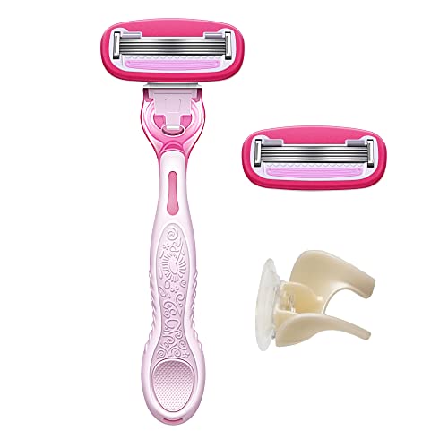 Amazon Basics Women's 5 Blade FITS Razor, Fits Amazon Basics and Venus Handles, Includes 1 FITS Handle, 12 Cartridges & 1 Shower Hanger, Pink