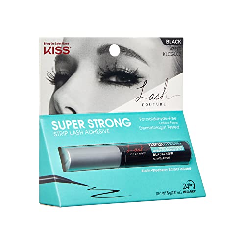 KISS Lash Couture Black Strip Lash Adhesive with Biotin & Blueberry Extract, Latex-Free, Dermatologist Tested, Contact Lens Friendly, Strong Hold, Gentle Formula, with Brush Tip Applicator, 0.17 Oz.