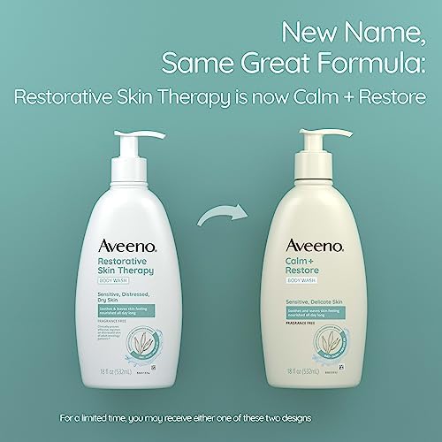 Aveeno Restorative Skin Therapy Sulfate-Free Body Wash for Sensitive, Distressed, Dry Skin, Gentle Cleanser with Antioxidant Oat, Aloe & Pro-Vitamin B5, Soap- & Fragrance-Free, 18 fl. oz