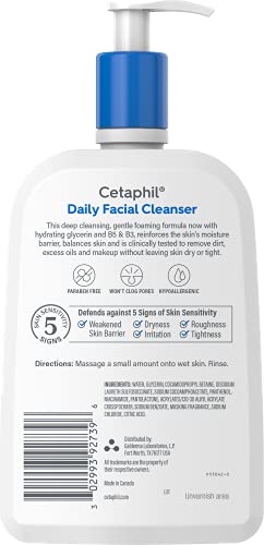 Cetaphil Face Wash, Daily Facial Cleanser for Sensitive, Combination to Oily Skin, NEW 16 oz, Fragrance Free,Gentle Foaming, Soap Free, Hypoallergenic