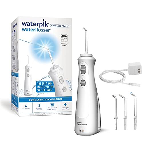 Waterpik Cordless Pearl Rechargeable Portable Water Flosser for Teeth, Gums, Braces Care and Travel with 4 Flossing Tips, ADA Accepted, Charger May Vary, WF-13 White