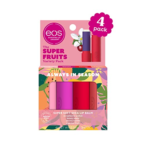 eos Super Soft Shea Lip Balm Sticks, Super Fruits Variety Pack, Strawberry Sorbet, Honey Apple, Cherry Vanilla, Summer Fruit, 4 Pack