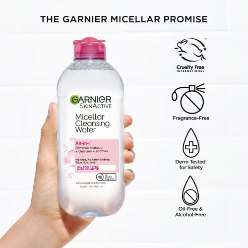 Garnier SkinActive Micellar Water for All Skin Types, Facial Cleanser & Makeup Remover, 13.5 Fl Oz (400mL), 2 Count (Packaging May Vary)