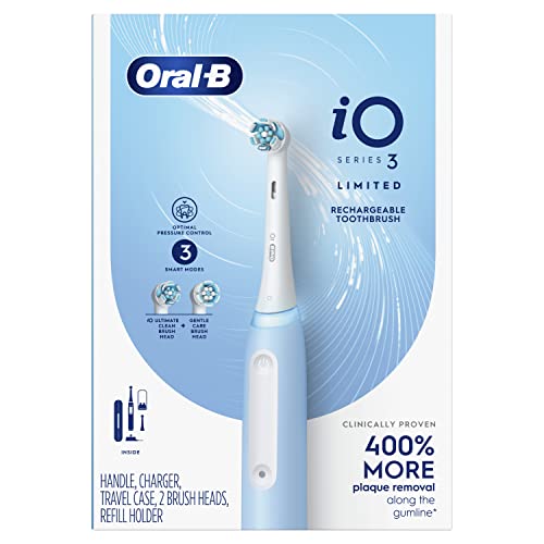 Oral-B iO Series 3 Limited Rechargeable Electric Powered Toothbrush, Black with 2 Brush Heads and Travel Case - Visible Pressure Sensor to Protect Gums - 3 Modes - 2 Minute Timer