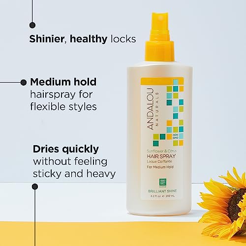 Andalou Naturals Brilliant Shine Hair Spray, Sunflower & Citrus, Styling and Hair Shine Spray with Medium hold, Tames Frizzy Hair & Flyaways, Quick Drying & Non-Sticky, Cruelty Free, 8.2 Fl Oz