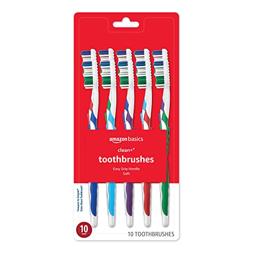 Amazon Basics Clean Plus Toothbrushes, Soft, Full, 10 Count, Assorted Colors (Previously Solimo)