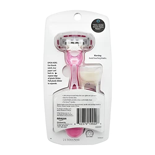 Amazon Basics Women's 5 Blade FITS Razor, Fits Amazon Basics and Venus Handles, Includes 1 FITS Handle, 12 Cartridges & 1 Shower Hanger, Pink