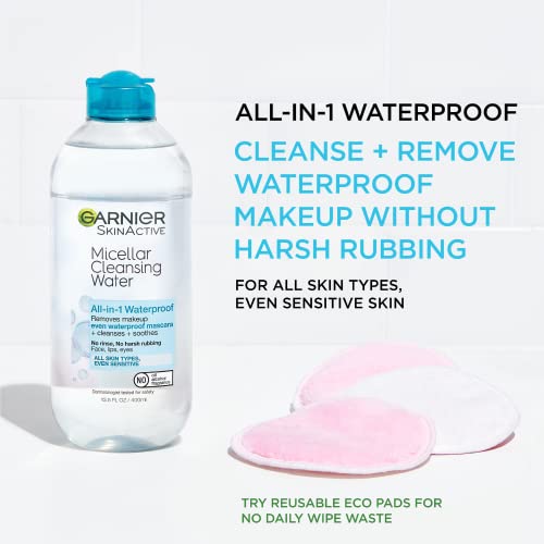 Garnier SkinActive Micellar Water For Waterproof Makeup, Facial Cleanser & Makeup Remover, 13.5 Fl Oz (400mL), 1 Count (Packaging May Vary)