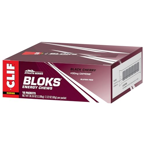 CLIF BLOKS - Black Cherry Flavor with Caffeine - Energy Chews - Non-GMO - Plant Based - Fast Fuel for Cycling and Running - Quick Carbohydrates and Electrolytes - 2.12 oz. (18 Count)