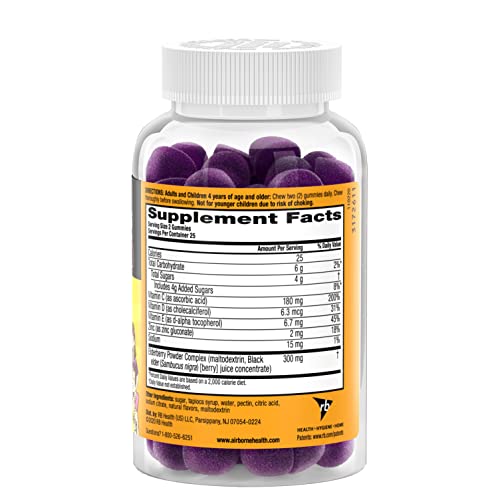 Airborne KIDS Elderberry + Zinc & Vitamin C Gummies, Kids Immune Support with Powerful Antioxidants Vit D & E - 50 gummies, Elderberry Flavor