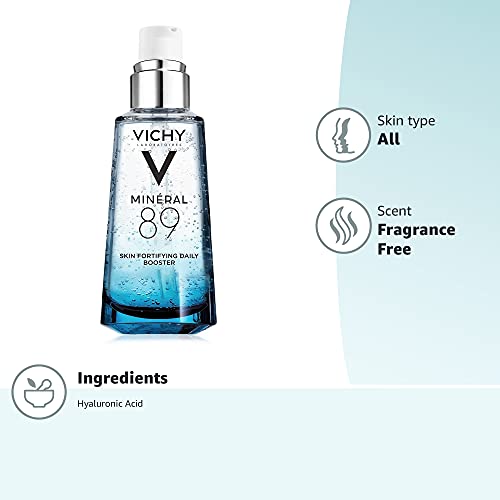 Vichy Hydrating Hyaluronic Acid Serum, Mineral 89 Serum and Daily Face Moisturizer Skin Booster with Natural Origin Hyaluronic Acid, Hydrates and Strengthens Sensitive Skin, 75mL