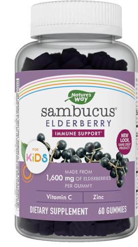 Natures Way Sambucus Elderberry Gummies with Vitamin C and Zinc for Kids, Immune Support, Berry Flavored, 60 Gummies