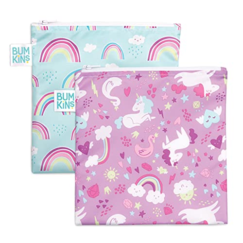 Bumkins Reusable Snack Bags, for Kids School Lunch and for Adults Portion, Washable Fabric, Waterproof Cloth Zip Bag, Supplies Travel Pouch, Food-Safe, 2-pk Unicorns and Rainbows