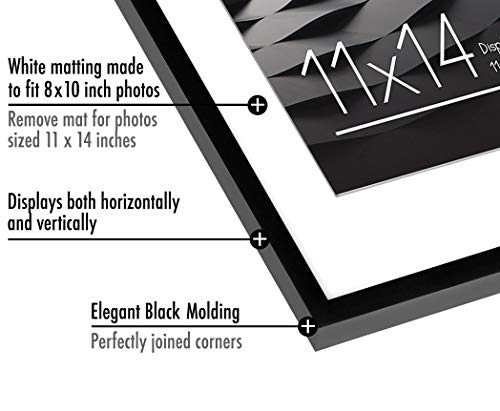 Americanflat 11x14 Picture Frame in Black - Thin Border 8x10 Picture Frame with Mat or 11x14 Frame Without Mat - Shatter Resistant Glass - Horizontal and Vertical Formats for Wall