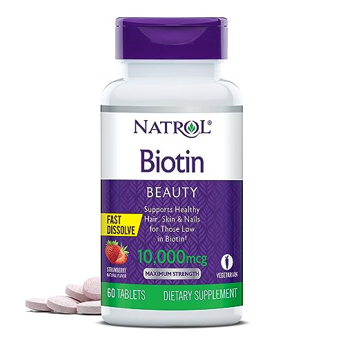 Natrol Beauty Biotin 10000mcg, Dietary Supplement for Healthy Hair, Skin, Nails and Energy Metabolism, 60 Strawberry-Flavored Fast Dissolve Tablets, 60 Day Supply