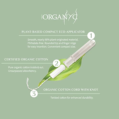 Organyc 100% Certified Organic Cotton Tampons, Plant-Based Eco-Applicator, Regular Flow, 16 Count (Pack of 6)