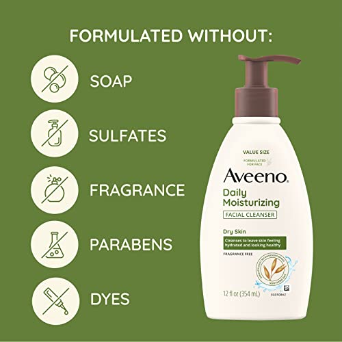 Aveeno Daily Moisturizing Face Cleanser with Soothing Oat, Easy-to-Rinse Cleanser Removes Dirt, Oil & Other Impurities & Leaves Skin Feeling Soft & Supple, Fragrance-Free, 12 fl. oz