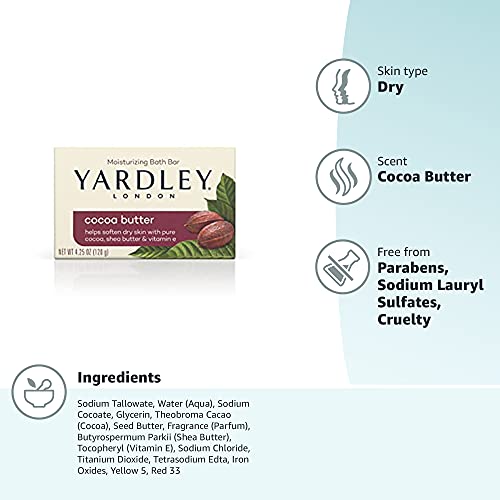 Yardley London Moisturizing Bath Soap Bar Shea Cocoa Butter, Helps Soften Dry Skin with Pure Cocoa and Vitamin E, (4.0 oz, 1)