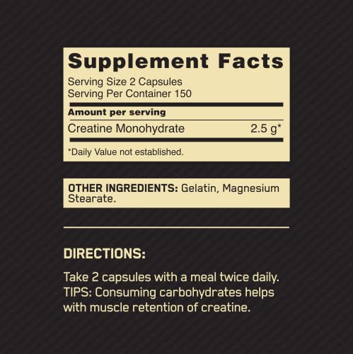 Optimum Nutrition Micronized Creatine Monohydrate Capsules, Keto Friendly, 2500mg, 100 Capsules