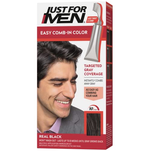 Just For Men Easy Comb-In Color Mens Hair Dye, Easy No Mix Application with Comb Applicator - Real Black, A-55, Pack of 3