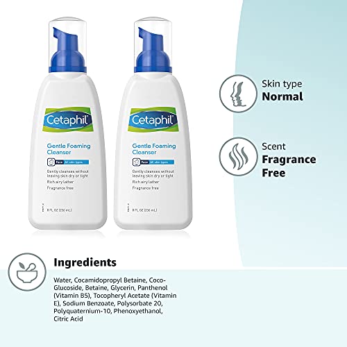 Cetaphil Oil Free Gentle Foaming Cleanser For Dry to Normal, Sensitive Skin, 8oz Pack of 2, Made with Glycerin and Vitamins B5 and E, Dermatologist Tested, Hypoallergenic, Soap Free, Fragrance Free