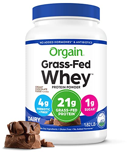 Orgain Whey Protein Powder, Creamy Chocolate Fudge - 21g Grass Fed Dairy Protein, Gluten Free, Soy Free, No Sugar Added, Kosher, No Added Hormones or Carrageenan, For Smoothies & Shakes - 1.82lb