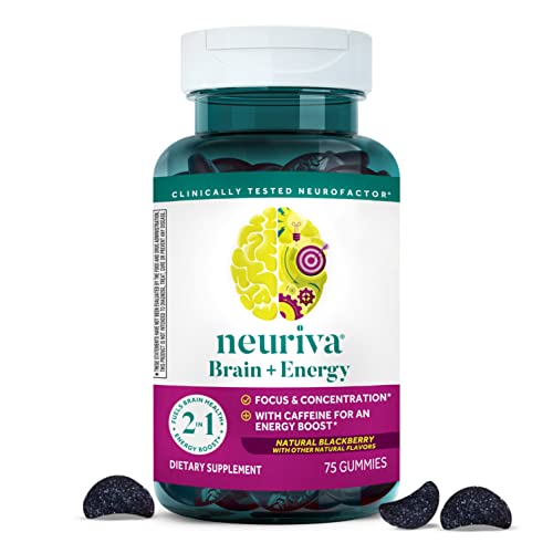 NEURIVA Brain + Energy Gummies, Nootropic Brain Supplements for Focus and Concentration with Neurofactor, Vitamin B12 & Caffeine for an Energy Boost, 75ct Natural BlackBerry