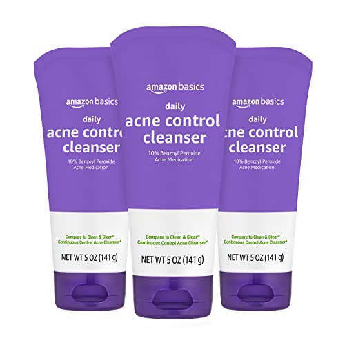 Amazon Basics Daily Acne Control Cleanser, Maximum Strength 10% Benzoyl Peroxide Acne Medication, Fragrance Free, 5 Oz, Pack of 3 (Previously Solimo)