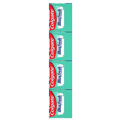 Colgate Max Fresh Whitening Toothpaste with Mini Strips, Clean Mint Toothpaste for Bad Breath, Helps Fight Cavities, Whitens Teeth, and Freshens Breath, 4 Pack, 6.3 Oz Tubes