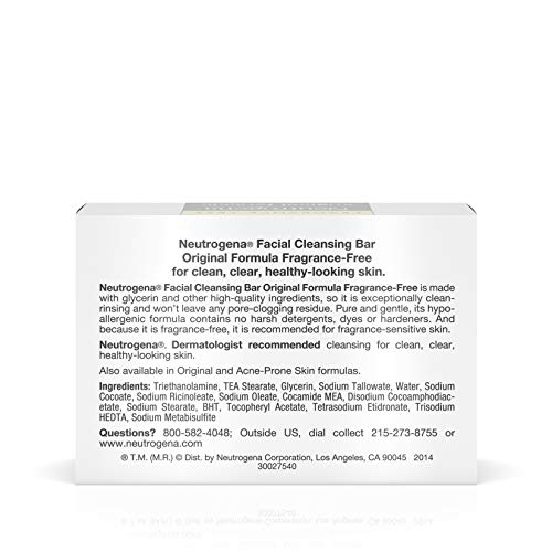 Neutrogena Original Fragrance-Free Facial Cleansing Bar with Glycerin, Pure & Transparent Gentle Face Wash Bar Soap, Free of Harsh Detergents, Dyes & Hardeners, 3.5 oz