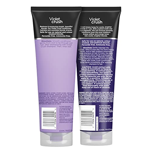 John Frieda Violet Crush Purple Shampoo and Conditioner Set for Blonde Hair, Blonde Toner Neutralizes Yellow Tones for Bleached, Blonde, and Platinum Hair., Enhance Blonde Tones, 8.3 oz (2 Pk Set)