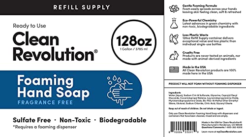 Clean Revolution Foaming Hand Soap Refill Supply | Gentle, Moisturizing | Ready to Use | Unscented | 128 Fl Oz (1 Gallon), Clear, Fragrance Free