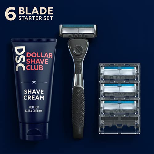 Dollar Shave Club - Shaving Kit with Diamond Grip Razor Handle, 4-Blade Blade Refills, & Blade Cover, Easy to Grip Handle, Shaving Starter Set, Great for Travel, Blue