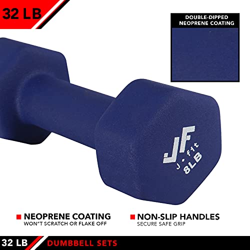 JFIT Dumbbell Set w/Durable Rack, Double Neoprene Coated Workout Weights, Solid Design Rack, 32 LB Set