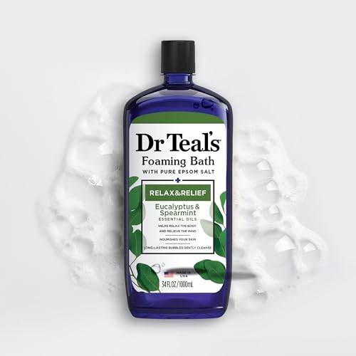 Dr Teal's Foaming Bath with Pure Epsom Salt, Relax & Relief with Eucalyptus & Spearmint, 34 fl oz (Pack of 4) (Packaging May Vary)