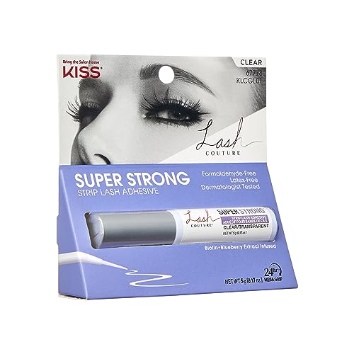 KISS Lash Couture Black Strip Lash Adhesive with Biotin & Blueberry Extract, Latex-Free, Dermatologist Tested, Contact Lens Friendly, Strong Hold, Gentle Formula, with Brush Tip Applicator, 0.17 Oz.