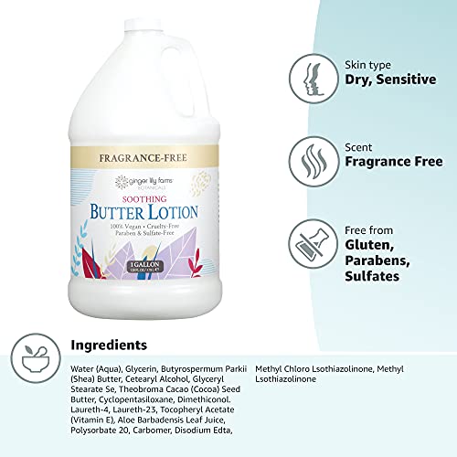 Ginger Lily Farms Botanicals Soothing Butter Lotion for Dry, Sensitive Skin, 100% Vegan & Cruelty-Free, Fragrance Free, 1 Gallon (128 fl oz) Refill