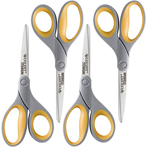 Westcott ‎17598 8-Inch Titanium Scissors For Office and Home, Yellow/Gray, 4 Pack