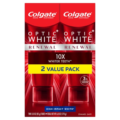 Colgate Optic White Renewal Teeth Whitening Toothpaste with Fluoride, 3% Hydrogen Peroxide, High Impact White, Mint - 3 Ounce (2 Pack)