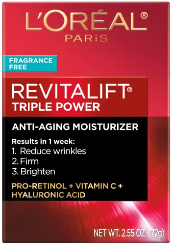 L'Oreal Paris Revitalift Triple Power Anti-Aging Face Moisturizer, Pro Retinol, Hyaluronic Acid & Vitamin C, Reduce Wrinkles 2.55 Oz