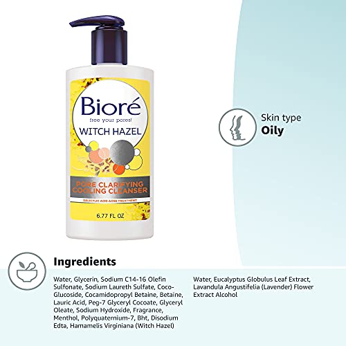 Bioré Witch Hazel Pore Clarifying Acne Face Wash, Exfoliating Facial Cleanser, 2% Salicylic Acid Acne Treatment for Acne Prone, Oily Skin, 6.77 Ounce