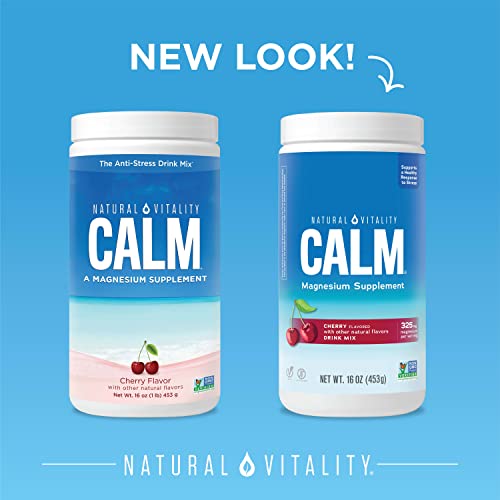 Natural Vitality Calm, Magnesium Citrate Supplement, Drink Mix Powder Supports a Healthy Response to Stress, Gluten Free, Vegan, & Non-GMO, Cherry, 16 Oz